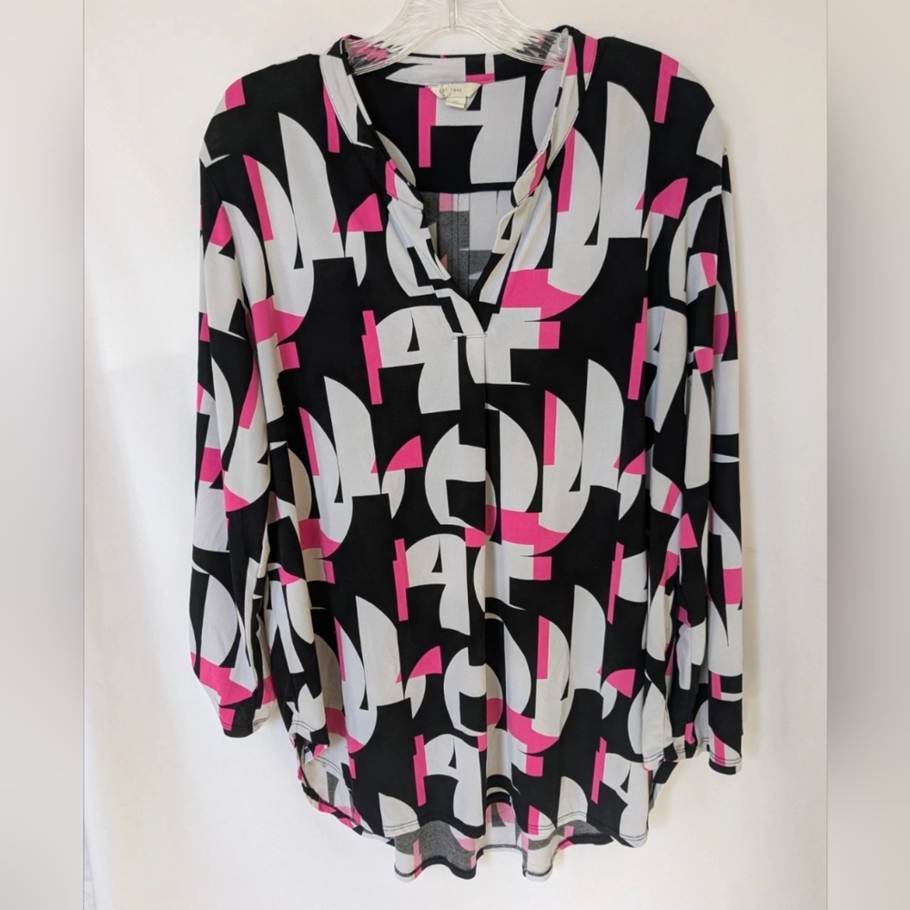 Pink White Black Geometric Print Ladies Long Sleeve Pullover Top XL